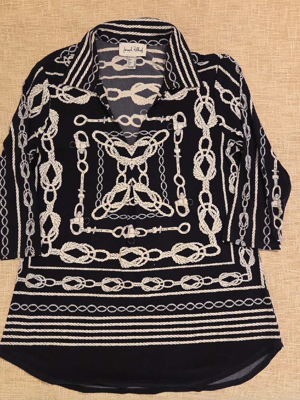 Joseph Ribkoff Black and Cream Rope Chain Print Polo Tunic